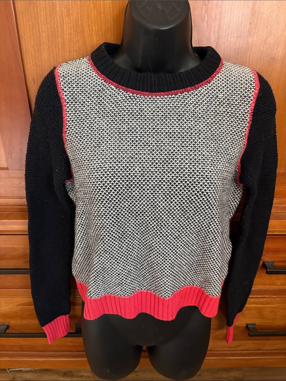 Krimson Klover Black & Gray Crewneck wool Sweater with pink Trim